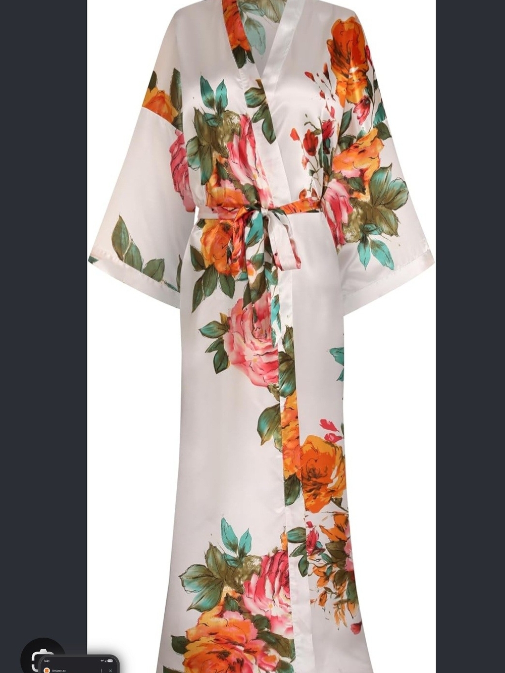 BEBEYOND Floral Satin Kimono Robe - White with Pink & Orange Blooms NWT
